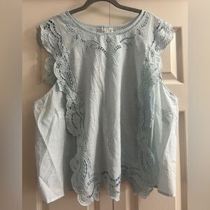 Anthropologie Blouse women’s Size 3X Blue Cutwork Lace Hanky Embroidery NWT